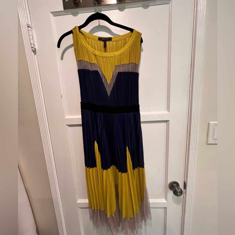 Elegant Yellow and Blue Pleated Dress